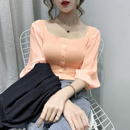 Women Spring Summer Style Chiffon Blouses Shirts Lady Casual Square Collar Half Lantern Sleeve Blusas Tops ZZ0154