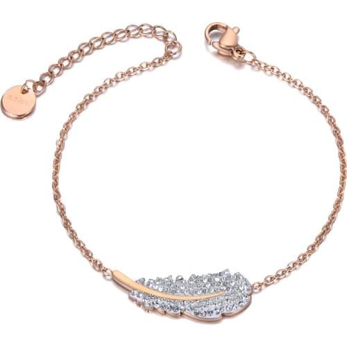 White Clay CZ Crystal Feather Charm Bracelets For Women Rose Gold Stainless Steel Link & Chain Bracelet Jewelry B20016