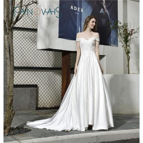 Elegant Ivory Wedding Dress 2019 vestido de noiva A-Line Wedding Gowns robe de mariee Off the Shoulder Open Back Bridal Dress