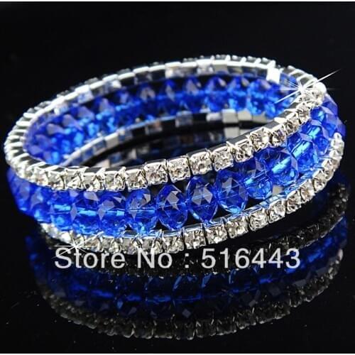 12pcs 3rows Sapphire Crystal Czech Rhinestones Stretchy Women Charms Bangles Bracelets Wholesale Fashion Jewelry A-707