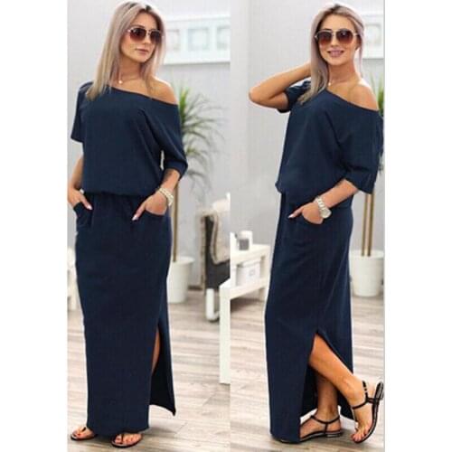 2019 Sexy Summer Women Boho Maxi Dress Short Sleeve Side Slit Loose Evening Party Long Beach Dress with Pocket Vestidos KH804156