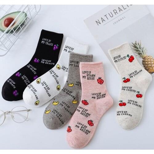 5 pairs Cartoon Cotton Socks Avocado Strawberry Banana Cherry Street Skate Sox Pink White Ankle Short Funny Women Boat Socks