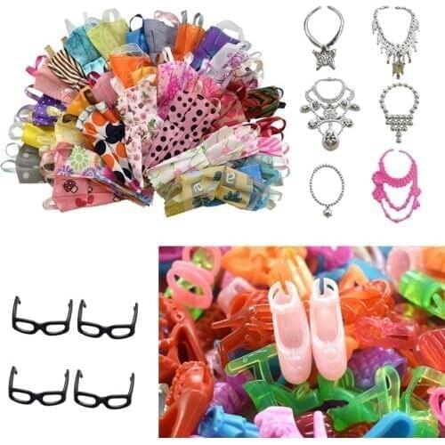 30 Item/Set Doll Accessories=10 Pcs Doll Clothes Dress+4 Glasses+6 Plastic Necklace+10 Pairs Doll Shoes for Barbie Accessories