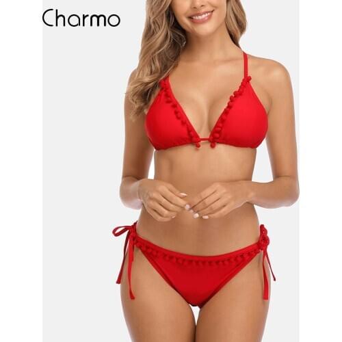 Charmo Women Bikini Set Tassel Ball Swimsuit Halter Swimwear Solid Color Bathing Suit Sexy Push Up Beachwear