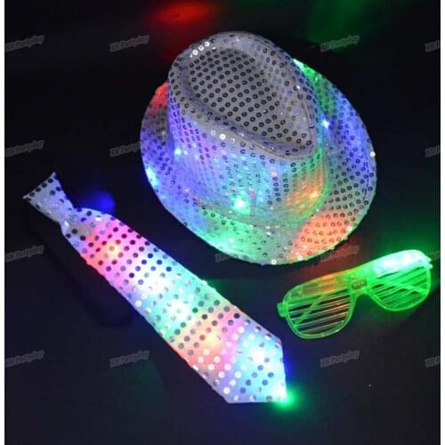 Child Woman Men Flashing Sequins Fedora Jazz Cap Hip Hop Hat Light Eye Glasses Tie Easter Wedding Valentines Birthday Party Gift