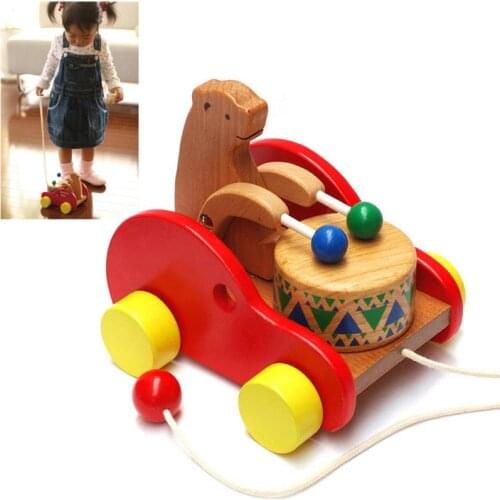 Walk-A-Long Bear Detachable Wooden Cartoon Animals Knock Drum Wooden Push And Pull Trolley Cart Baby Car Toy Baby Toddlers Kids