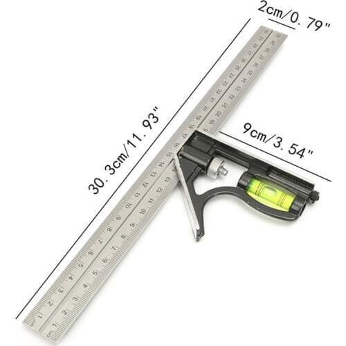 DIY Precise Stainless Steel 300mm Combination Square Angle Ruler 45/90 Degree With Bubble Level Multi-functional Measuring tool