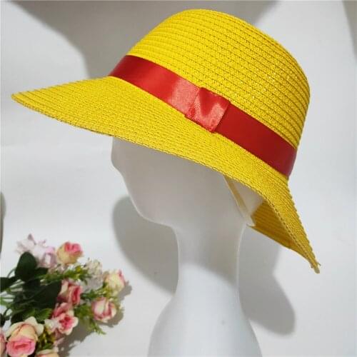 Boy Girl One Piece Cap Straw Hat Neck String Flat Hats Cosplay Japanese Cartoon Props Hat Kid Stripe Beach Hat