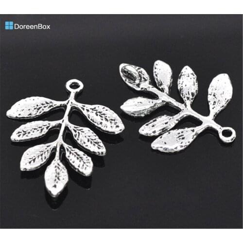 Doreen Box Lovely 30 Silver Color Leaf Charm Connectors 31x27mm (B13526)