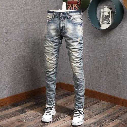 Italian Style Fashion Men Jeans Retro Wash Slim Fit Ripped Cotton Denim Trousers High Quality Streetwear Vintage Designer Pants