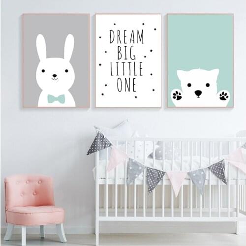 Kawaii Bear Rabbit Canvas Art s Woodland Animal Cartoon Nursery Prints Painting Wall Picture Baby Room Decoration