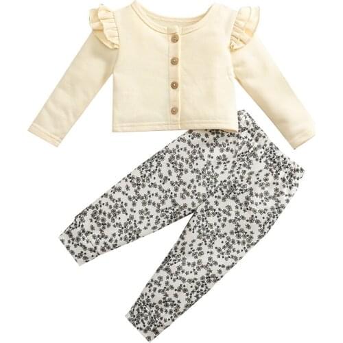 2021 0-18M Infant Baby Girl Clothes Set Ruffle Shoulder Solid Color Button Fly Top Cardigan+Floral Pants Spring Fall Sweet 2pcs