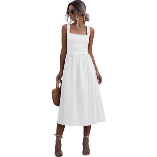 Summer backless sleeveless square collar A-line midi dress Femme casual solid white dress,sun dresses for women 2021