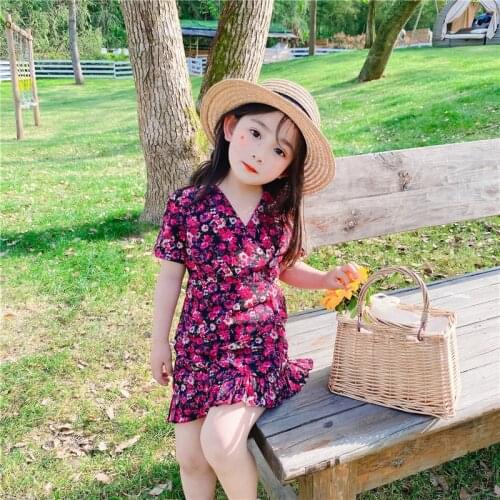 Summer Korean version of the new girls floral V-neck fishtail dresses luxury dress party dress for kids girl birthday