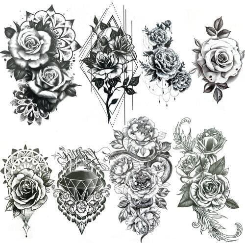 Hot Sale Flower Temporary Tattoos Sticker For Women Girls Fake Dot Pattern Tattoo Black Snake Diamond Dahlia Tatoos Decoration