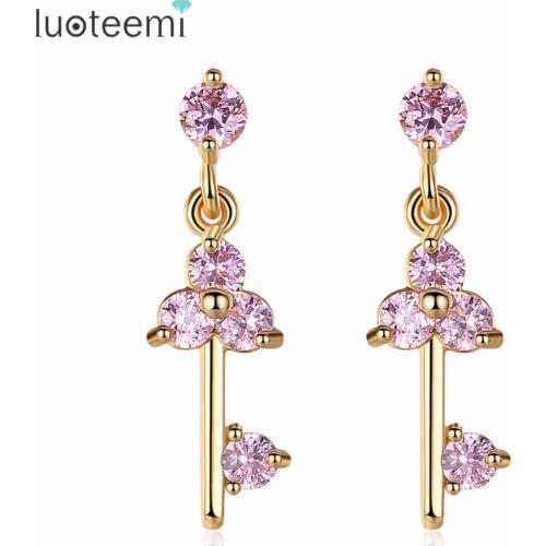 LUOTEEMI Simple Punk Triangular Key Shape Geometric Ear Pins CZ Pink Red Drop Earrings Vintage Cute Brincos Wholesale Jewelry