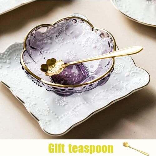 Cute Glass Gold Inlay Fruit Bowl Tableware Salad Dinnerware Dishes Soup Cake Cherry Blossoms Seasoning Bowls Kitchen Decoration