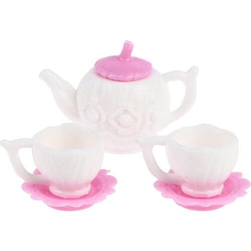 1Set Dollhouse Miniature White and Pink Tea Pot Kettle Coffee Cup Saucer Model For Dollhouse Decoration New