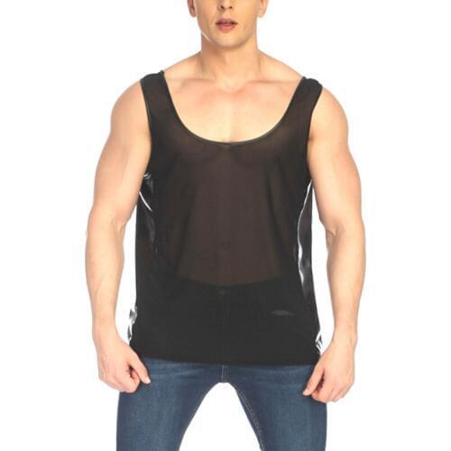 Men Undershirt Gay Fetish Lingerie Side Leather Splice Transparent Mesh See Through Shirt Seamless Underwear Male Sleepwear Tank