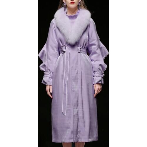 New arrival fashion pearl beading white duck down coat women fur collar lantern sleeve long outerwear