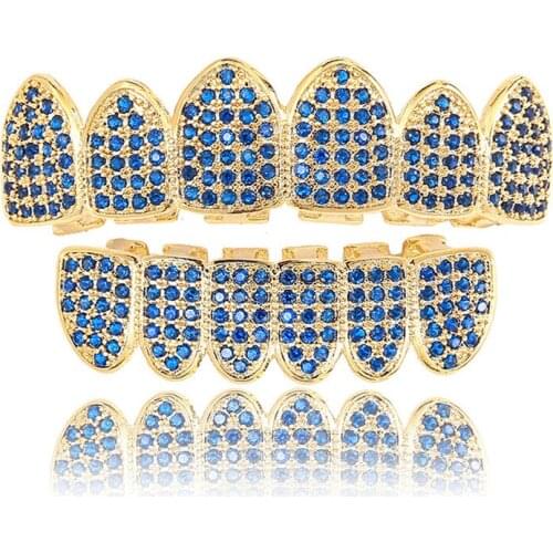 New Hip Hop Gold Teeth Grillz Caps Micro Pave Blue Cubic Zirconia Top & Bottom Grills Set Vampire Dental Grills