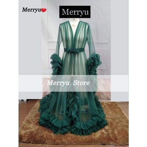 Ruffles Green Evening Dresses V Neck Long Sleeves Sexy Photography Tulle Pregnancy Dress 2020 Merryu Bow Party Gown