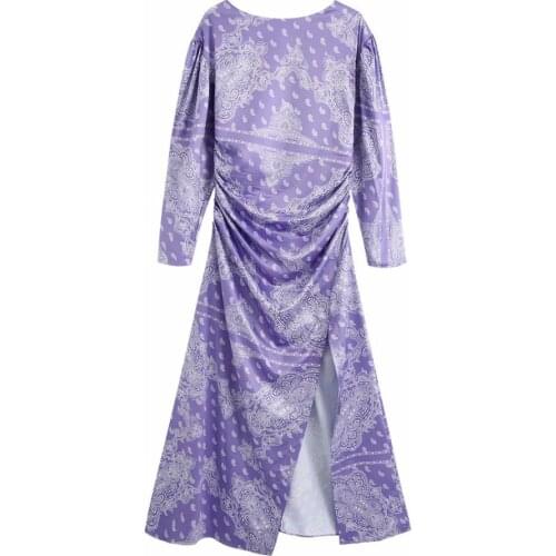 New Pop Women Dress Satin Printed Round-neck Long Sleeves Gathered Waist Midi Dress elegant Femme Robe Ropa Mujer Vestidos