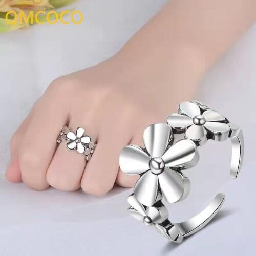 QMCOCO 925 Silver Simple Rings For Women Flowers Vintage Wedding Trendy Jewelry Open Adjustable Ring 2021 New Style Trendy
