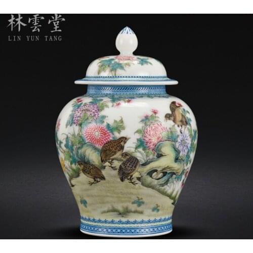 Hand-painted quail, chrysanthemum, powder color, general can, tea can, Jingdezhens hand-made ceramic storage can