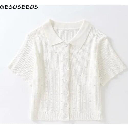 Sexy t shirt women short sleeve shirts vintage knitted t shirt korean turn down collar shirts hollow out cropped t shirt white