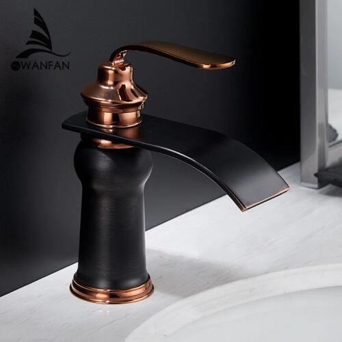 Black Basin Faucets Modern Style Bathroom Faucet Deck Mounted Waterfall Single Hole Mixer Taps Both Cold and Hot Water Crane9273