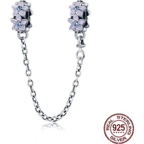Fit Pandora bracelet charm violet flowers silicone safety chain genuine 925 sterling silver pendant beads jewelry making