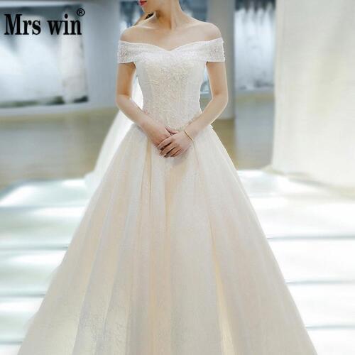 Wedding Dress 2021 Mrs Win The Bridal Elegant Boat Neck Sweep Train Ball Gown Princess Lace Vintage Plus Size Wedding Dresses F