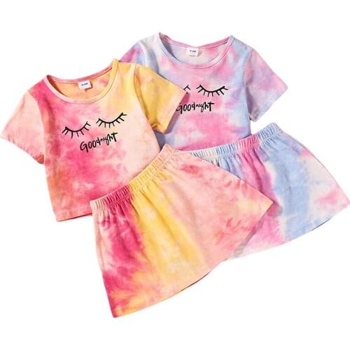 18M-6T Kids Girls Casual Two-piece Clothes Set Tie Dye Ptinted Short Sleeve Round Collar T-shirt Mini Skirts Summer Children New