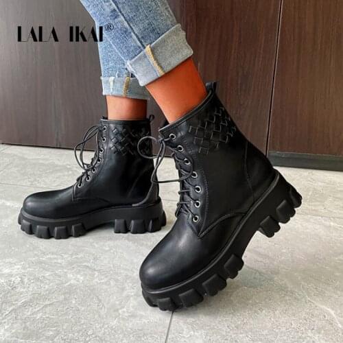 LALA IKAI Womens Boots Autumn Winter 2020 New High Heels Round Toe Womens Shoes Lace-up Ankle Boots botas de mujer Plus size