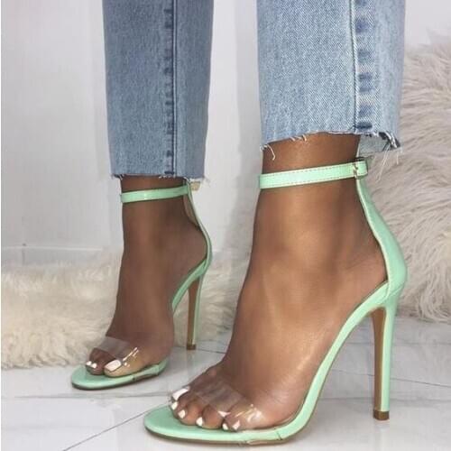 Hot Selling Red Green Leather Women Sandals Peep Toe Clear PVC Strap Gladiator Sandals Shoes Women Summer Wedding Shoes Bride