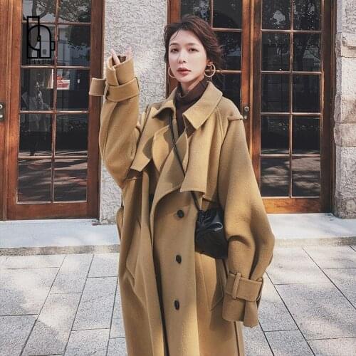 Women Autumn Winter Oversize Long Wool Coat Jacket Sashes 2021 New Double Breasted Woolen Overcoat Cloak Casual Outwear