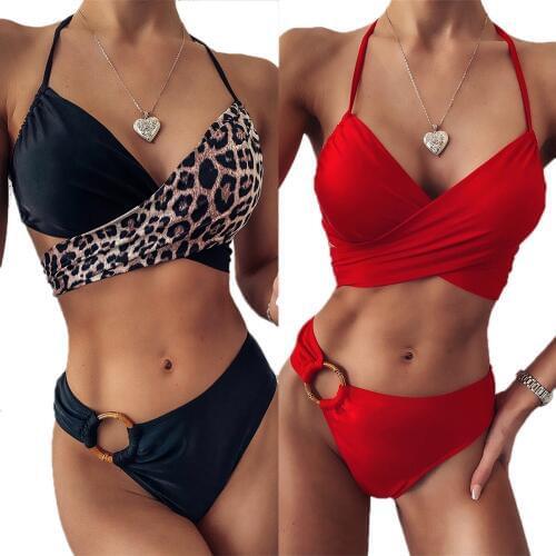 AA Womens Leopard Bikinis Bandage Bikini Suits Halter Top and High Waist Split Swimsuit Two Piece Set Bikini Beachwear