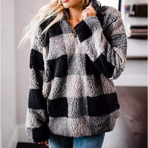 Women Turtleneck Pullover Patchwork Knitted Sweaters Loose Plaid Long Sleeve Pockets Fleece Thicken Sweatshirt Pullover Jacket