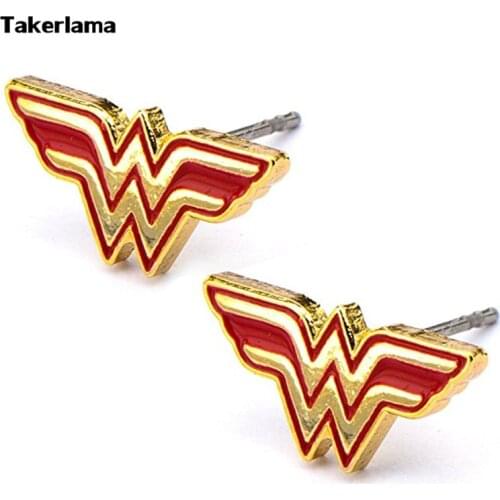 2pcs/pair Comics Wonder Girl Female Cosplay Stud Earrings Red & Gold Tone Cosplay Accessories