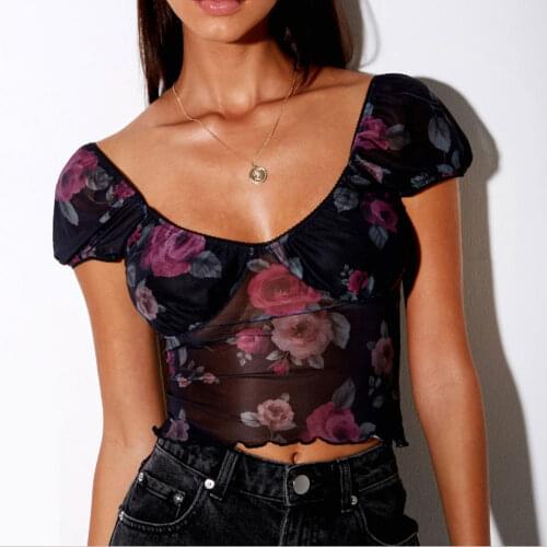 2021 Womens Short Puff Sleeve V Neck Sexy Sweet Mesh See-through Shirt Transparent Floral Blouse Slim Fit Tee Shirt Crop Tops