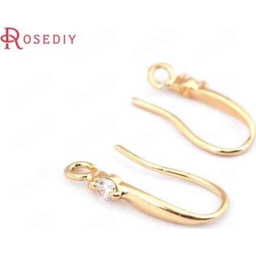 B022)6 pieces Height 18mm 24K Champagne Gold Color Plated Brass and Zircon Earring Hooks Jewelry Findings Earrings Accessories