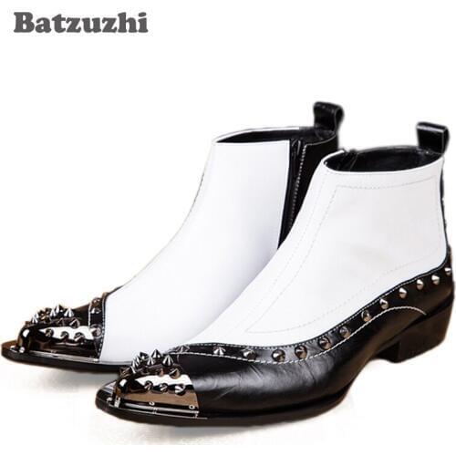 Batzuzhi Ankle Man Boots ITALY TYPE Increased Height Mens Leather Boots Pointed Rivets Toe Western Rock Black White EU38-46