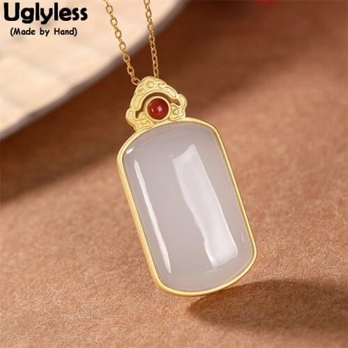 Uglyless No News is Good News Big Size Blank Gemstones Necklaces for Women Square Hetian Jade Pendants + Chains 925 Silver Jewel
