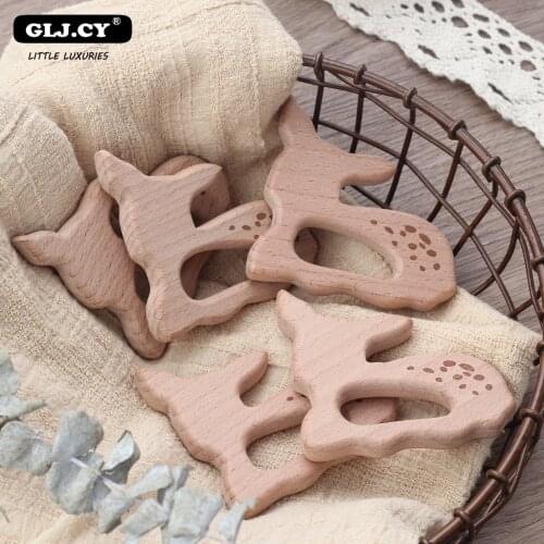 Beech Wooden Teether 10pcs Aniamls Sika Deer Timber Customizable Food Grade Wood Teething Roe Bambi Baby Teether