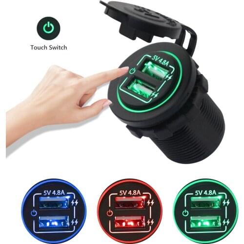 Dual USB Switch With Touch Button Car Motorcycle Boat 5V 4.8A Dual USB Charger Socket Power Outlet Fast Charger Mini Red Light