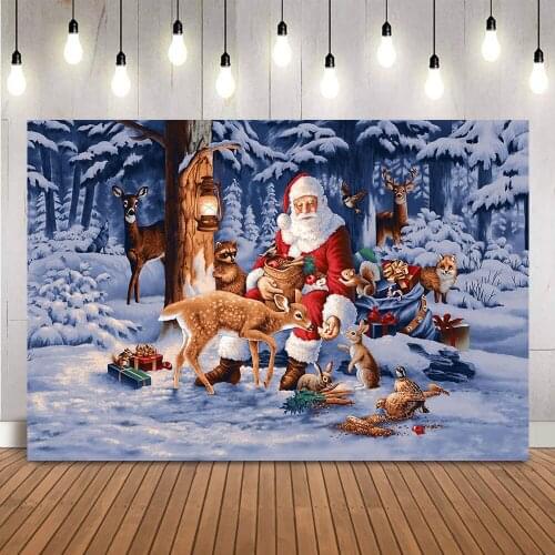 Santa Claus Winter Snow Backdrop for Photography Animals Beers Forest Background for Christmas Photoshoot Props gifts photocall
