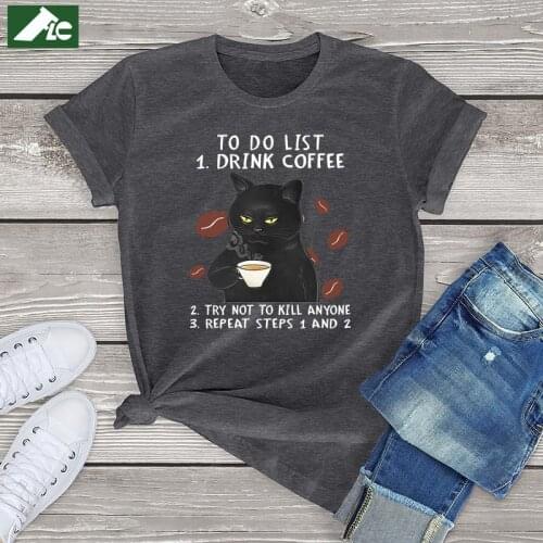FLC Kawaii Cat Short Sleeve Tee Tops Funny Black Cat To Do List Unisex T-Shirt Women Clothing Harajuku Cotton Womens Shirts 3xl