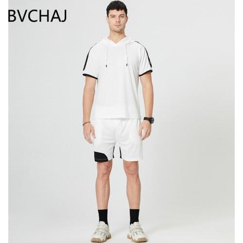 Summer Mens Sportswear Set 2 Piece Hooded Short Sleeve Sportswear + Fitness Jogging Sportswear Shorts Breathable Sportswear Set