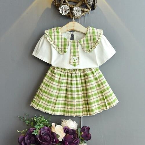 Girl Clothes Sets Summer England Style Plaid Short Sleeve Lapel Collar T-Shirt Tops + Pleated Skirts Girls 2Pcs Suits